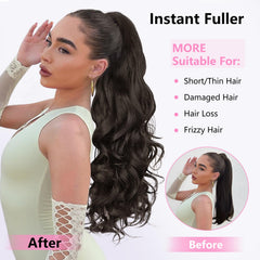 ALXNAN long curly wavy ponytail blends with natural hair.