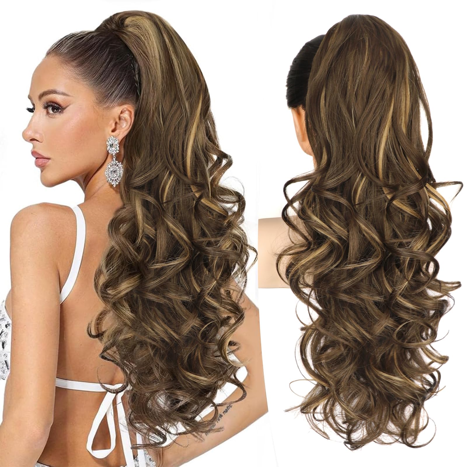ALXNAN Ponytail Extension in chocolate brown with highlights for instant volume and length