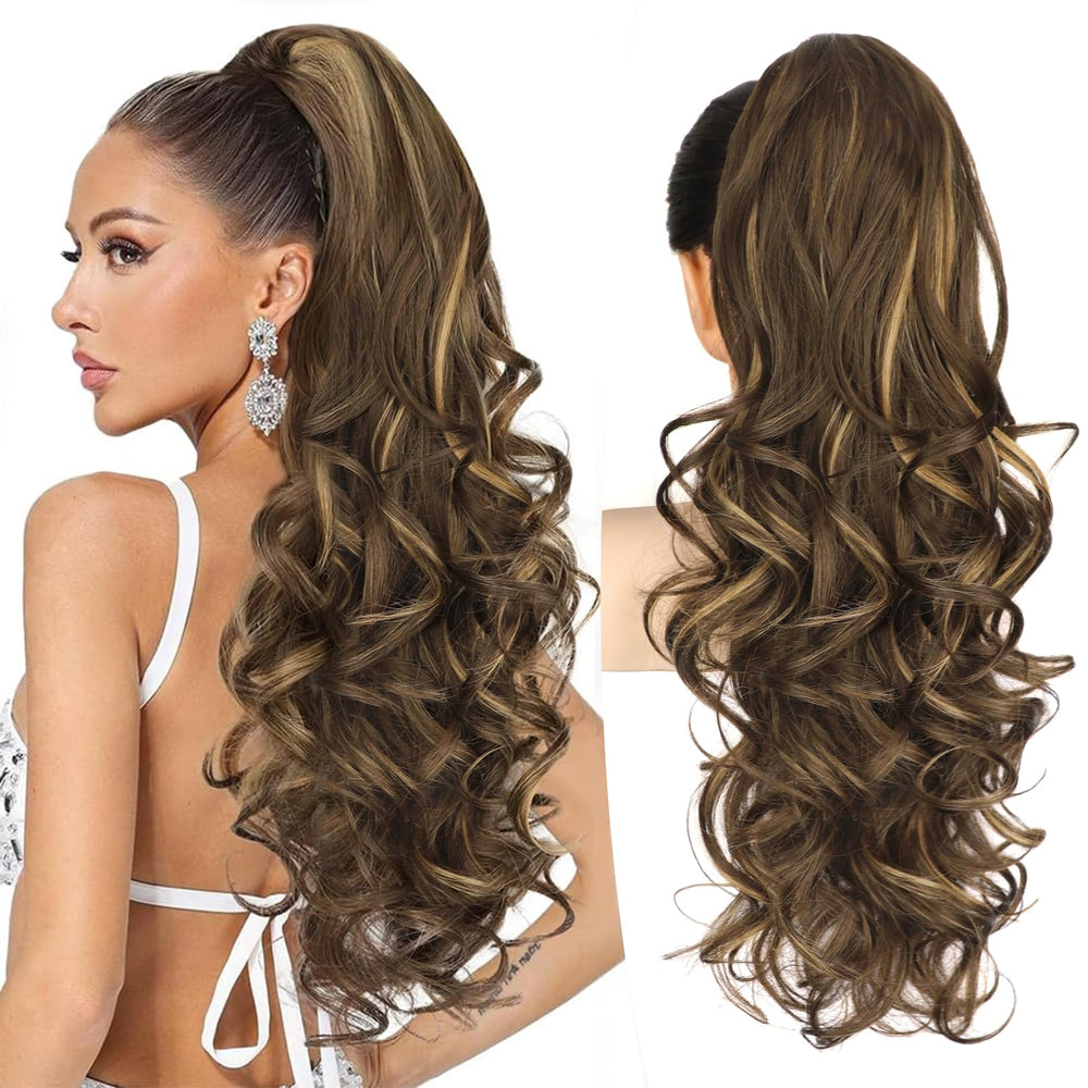 ALXNAN Ponytail Extension in chocolate brown with highlights for instant volume and length
