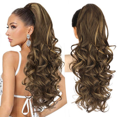 ALXNAN Ponytail Extension in chocolate brown with highlights for instant volume and length