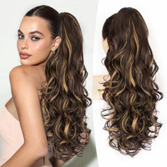 ALXNAN ponytail extension: long curly-wavy dark brown with golden blonde adds instant volume.