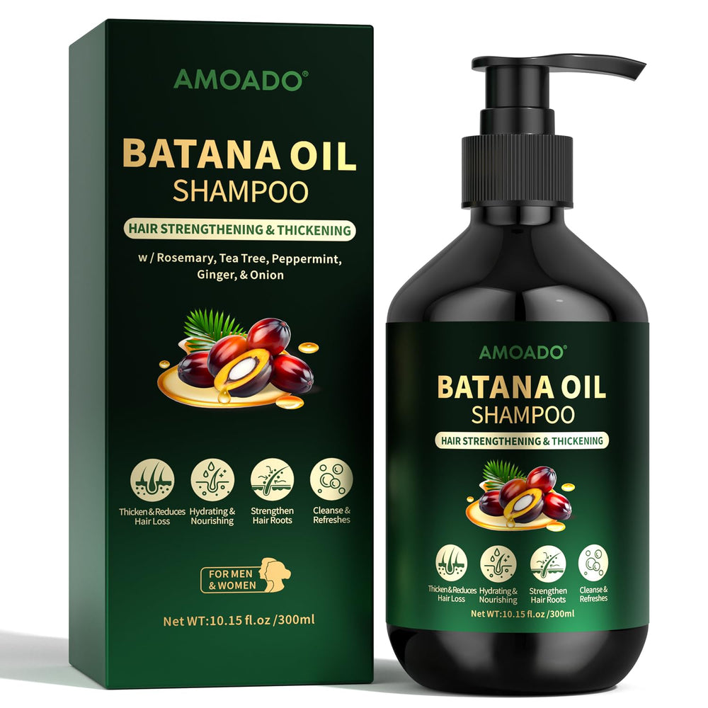AMOADO Batana Oil Shampoo bottle for energizing cleanse for thinning hair.