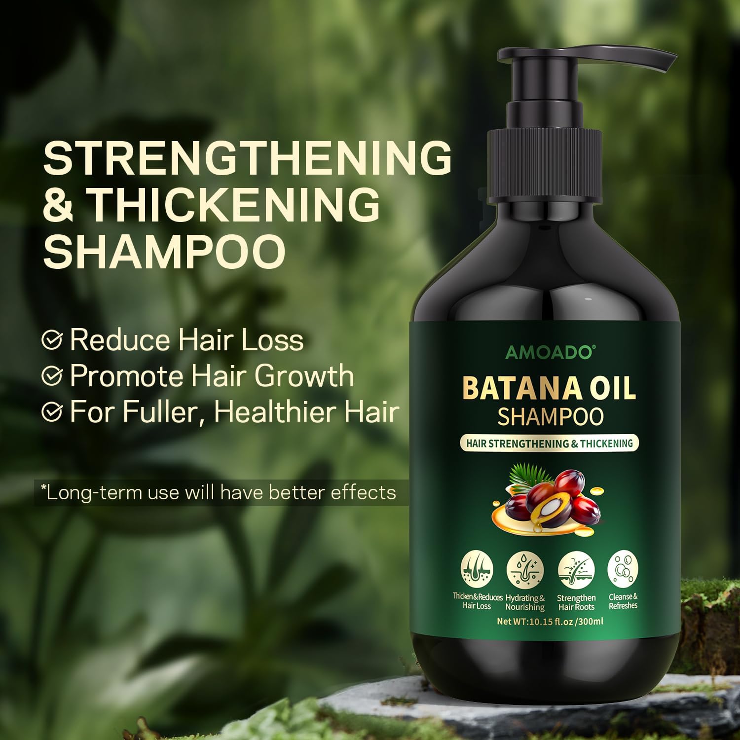AMOADO Batana Oil Shampoo ingredients panel with rosemary, tea tree, and mint for scalp care.