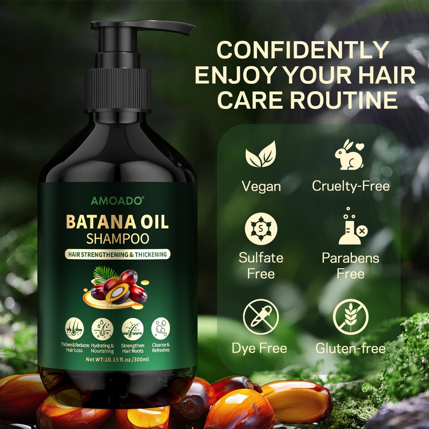 AMOADO Batana Oil Shampoo scalp nourishment on damp hair.