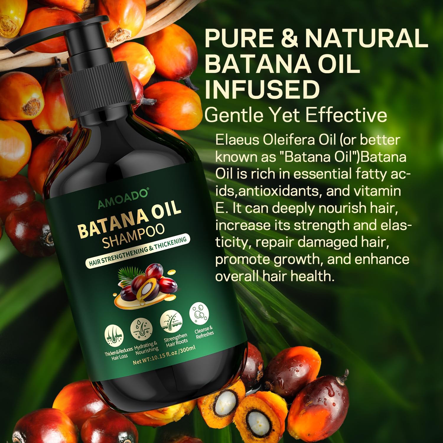 AMOADO Batana Oil Shampoo bottle highlighting thicker-looking hair after use.