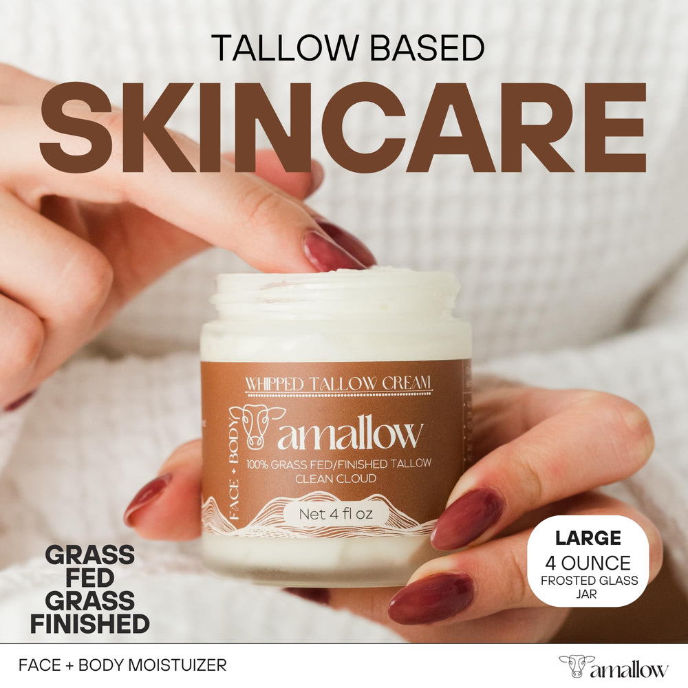 Amallow beef tallow body lotion shown with rich cream texture.