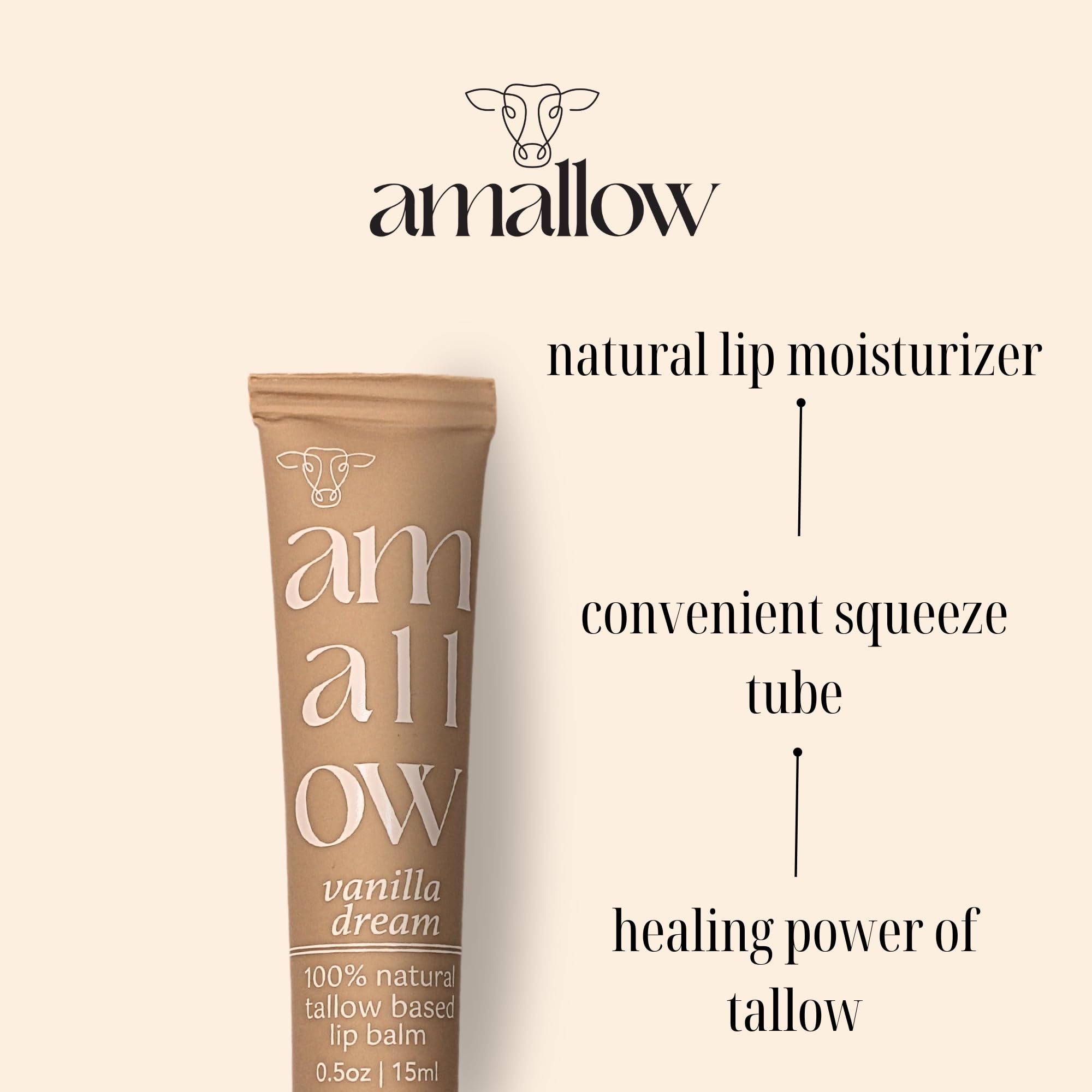 Amallow lip balm packaging highlighting grass-fed beef tallow and natural ingredients