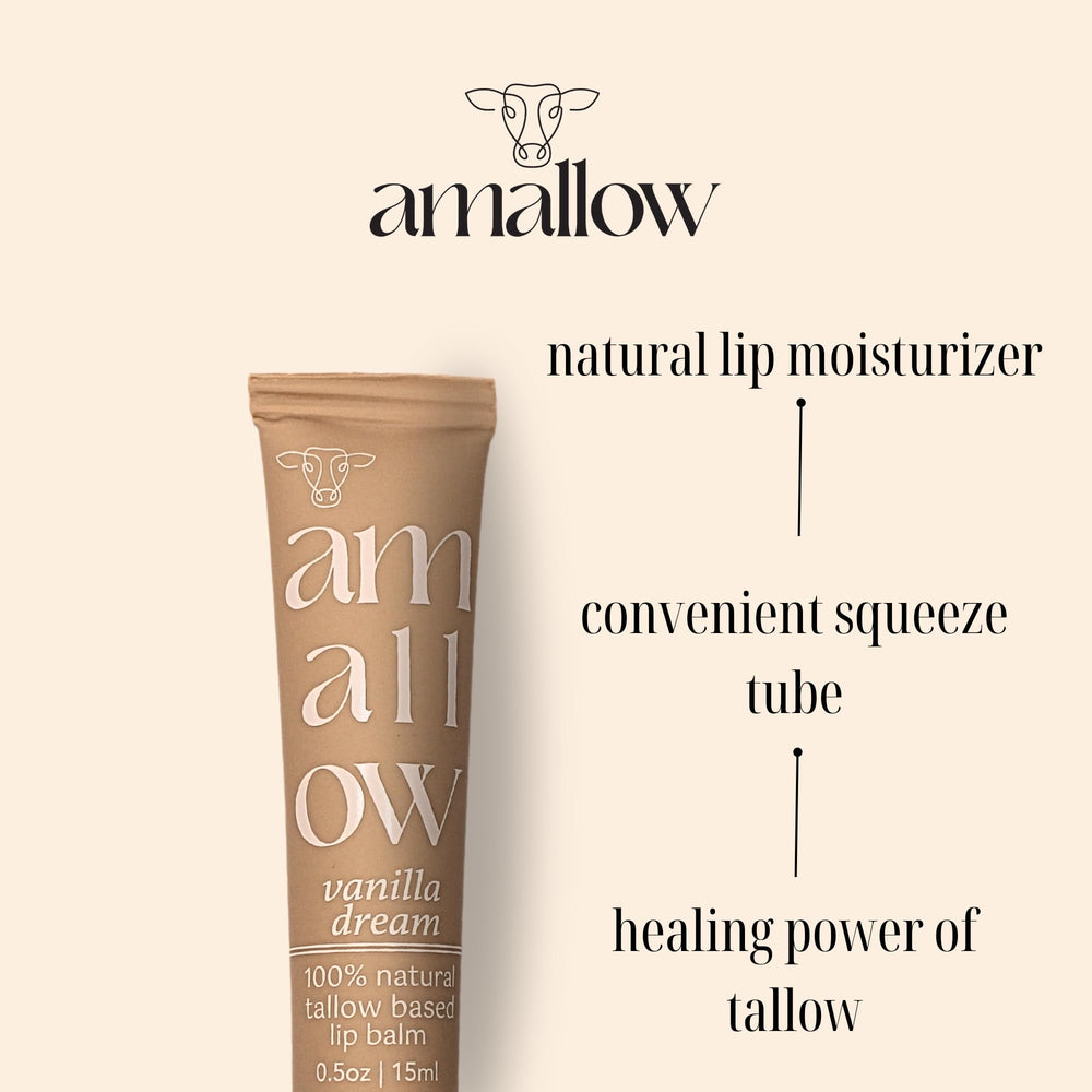 Amallow lip balm packaging highlighting grass-fed beef tallow and natural ingredients