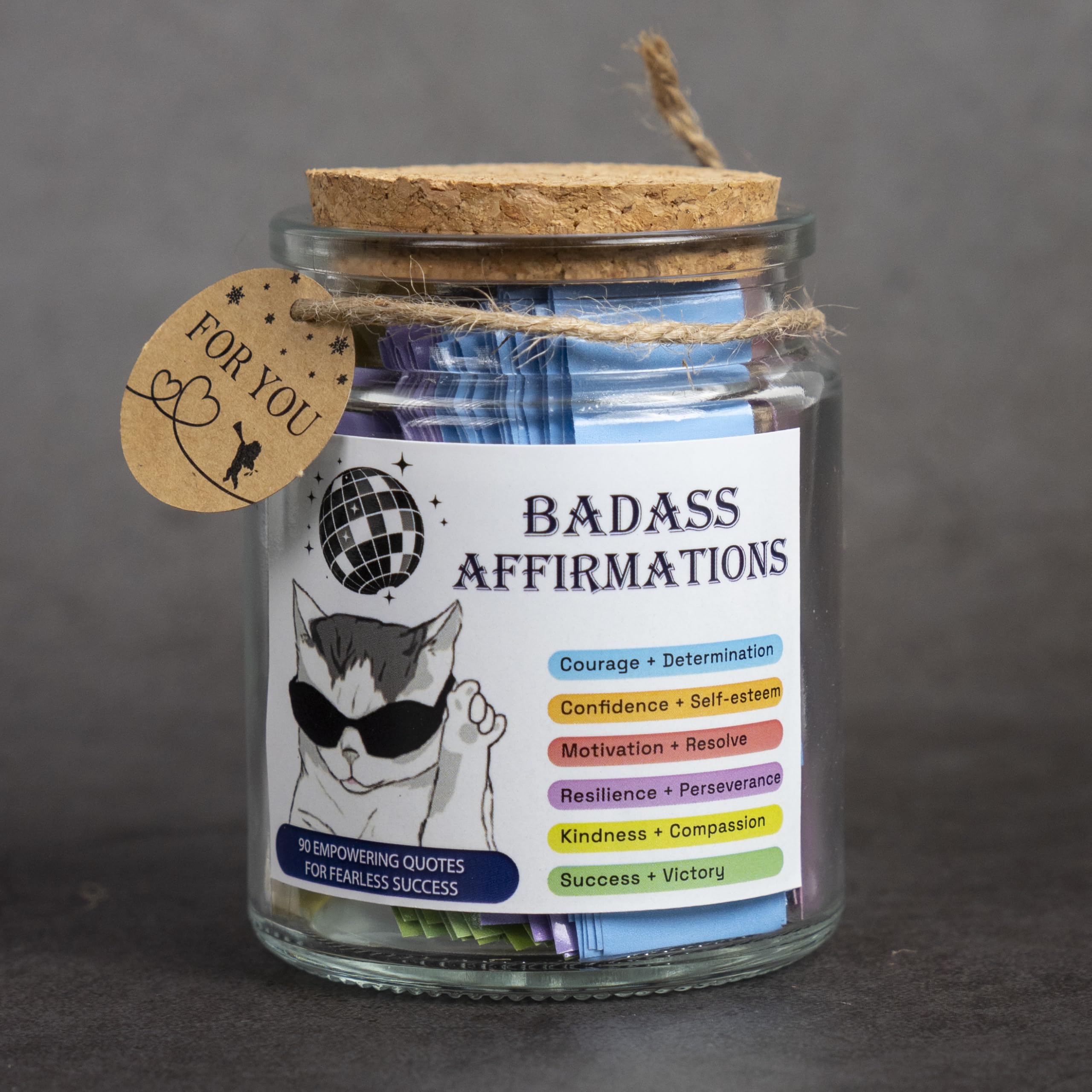 AMAQUANG Badass Affirmation Jar label conveys premium self-care vibes.