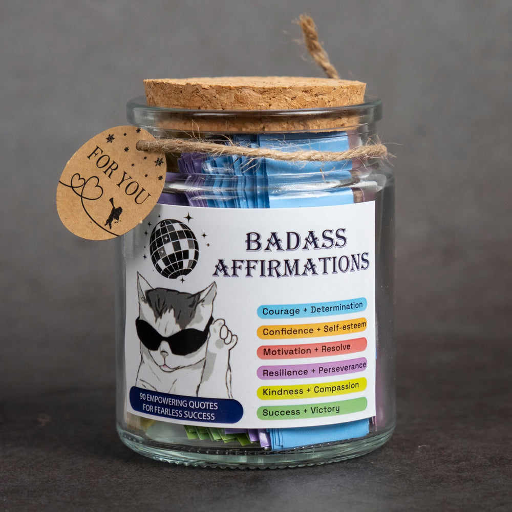 AMAQUANG Badass Affirmation Jar label conveys premium self-care vibes.