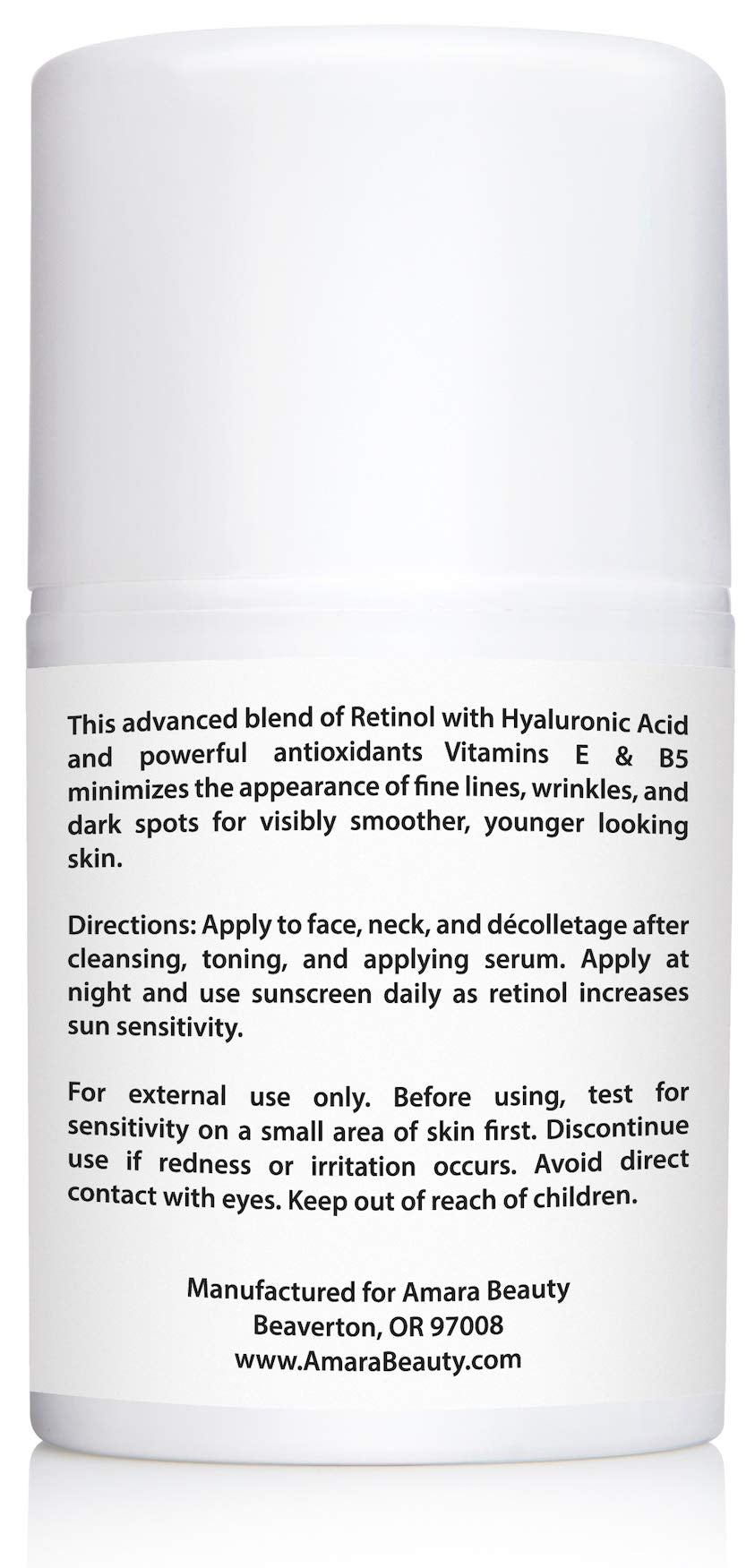 Amara Beauty Retinol Cream packaging features hyaluronic acid and shea butter