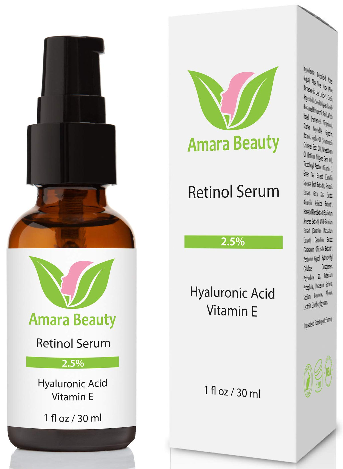 Amara Beauty Retinol Serum bottle showing the 2.5% formula for smoother, brighter skin.
