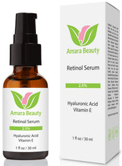 Amara Beauty Retinol Serum bottle showing the 2.5% formula for smoother, brighter skin.