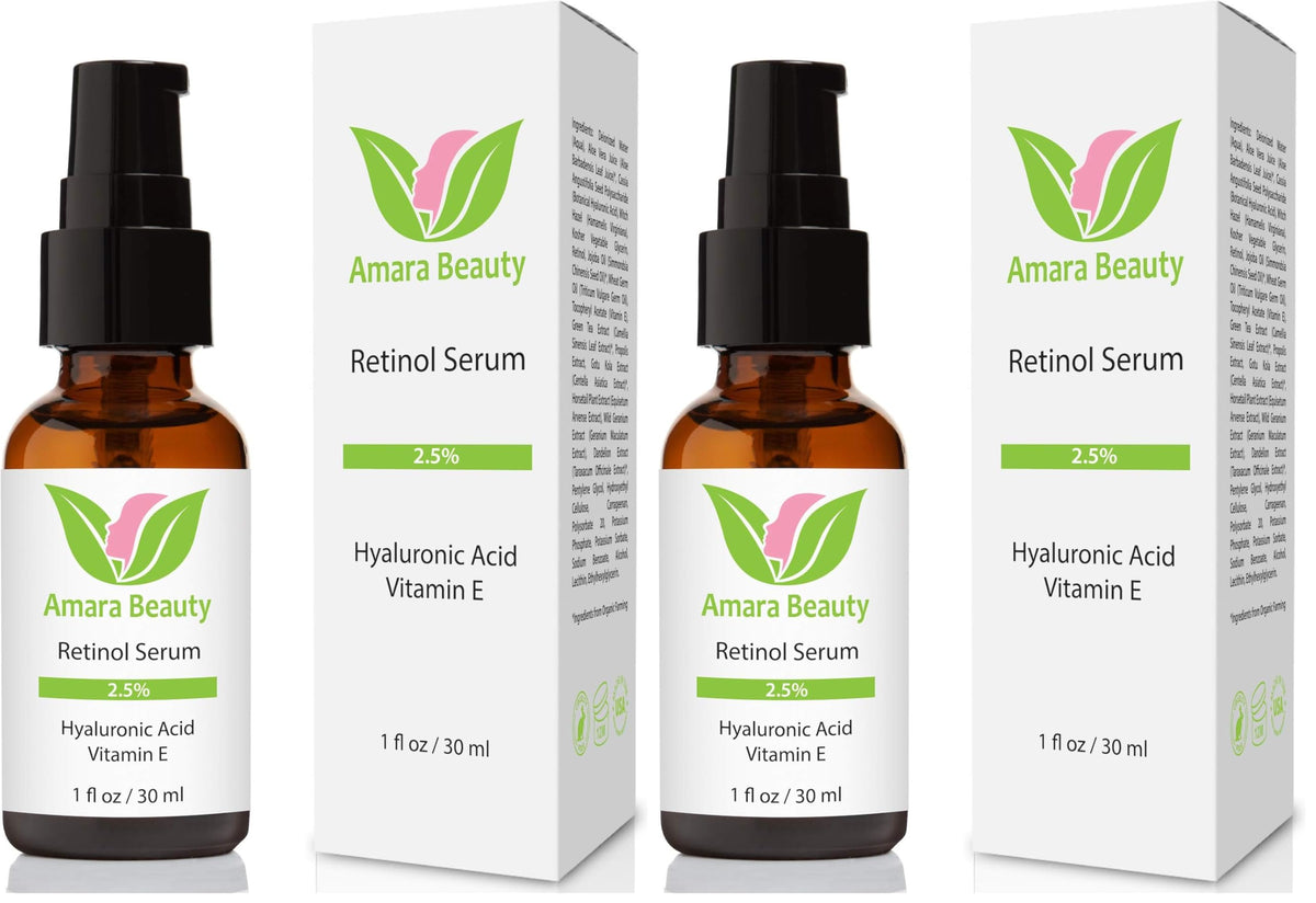 Amara Beauty retinol serum bottle close-up highlighting premium packaging for daily anti-aging care.