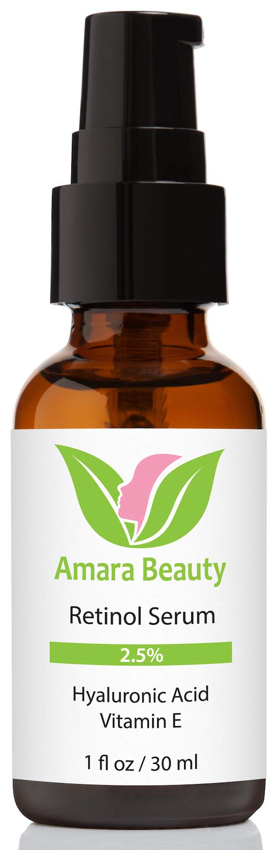 Amara Beauty retinol serum with hyaluronic acid label close-up emphasizing moisturizing formula.