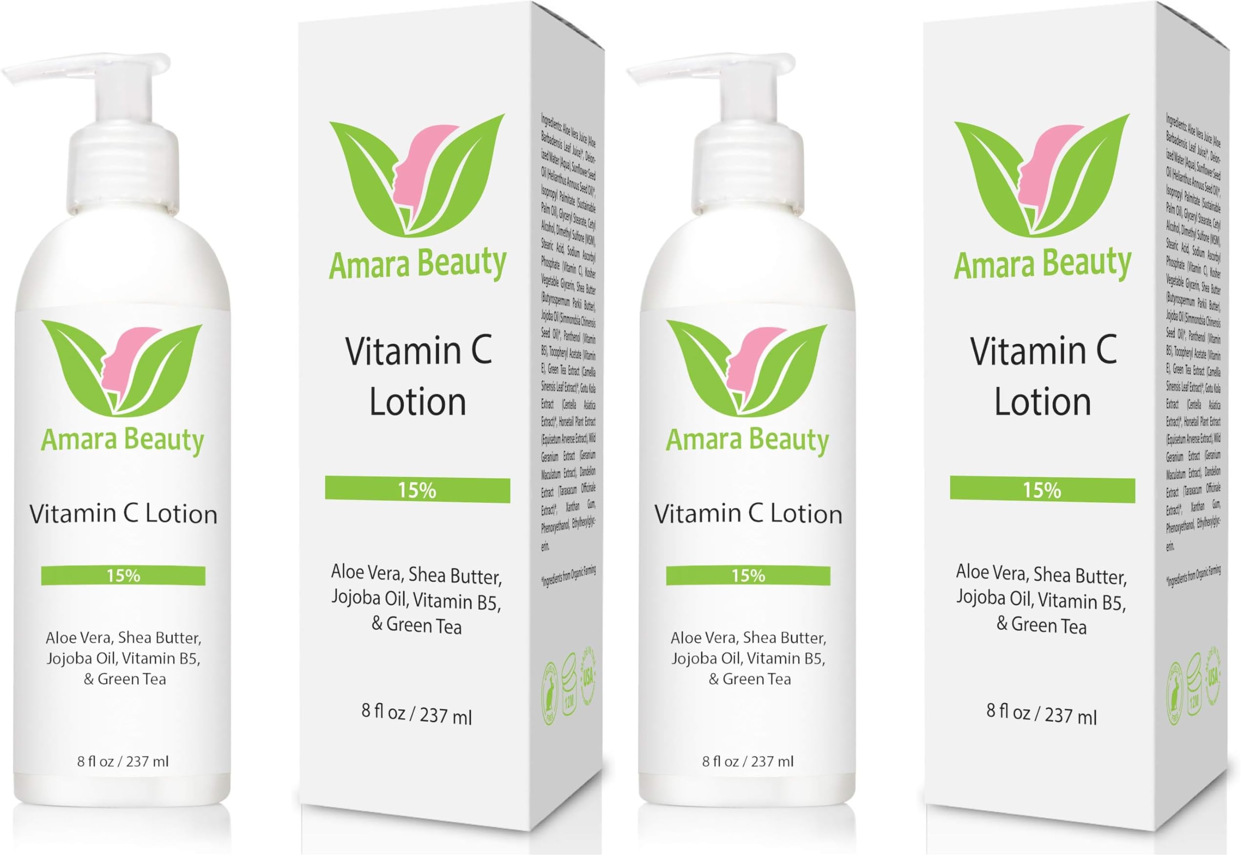 Amara Beauty Vitamin C lotion bottle for face and body in a two-pack