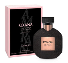 Amaran Parfums Oxana Black packaging closeup signals premium gifting presentation