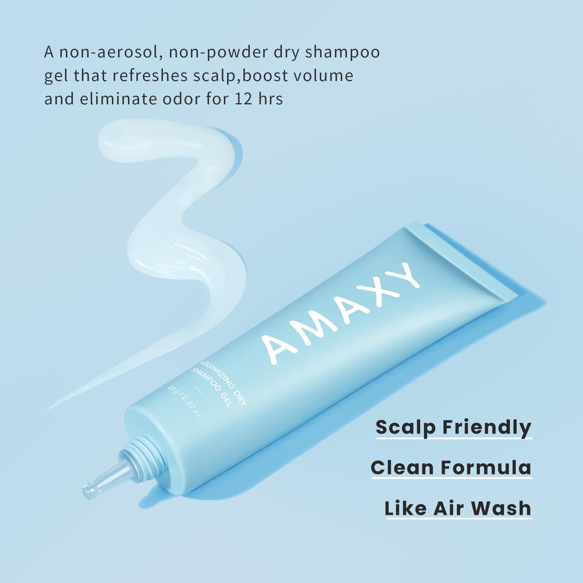 AMAXY Wet Dry Shampoo Gel texture closeup highlights silky formula for effortless application
