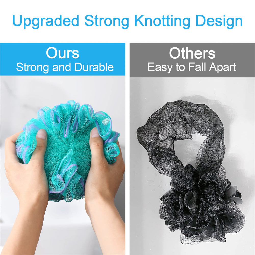 Hanging storage ribbon keeps the loofah dry after shower