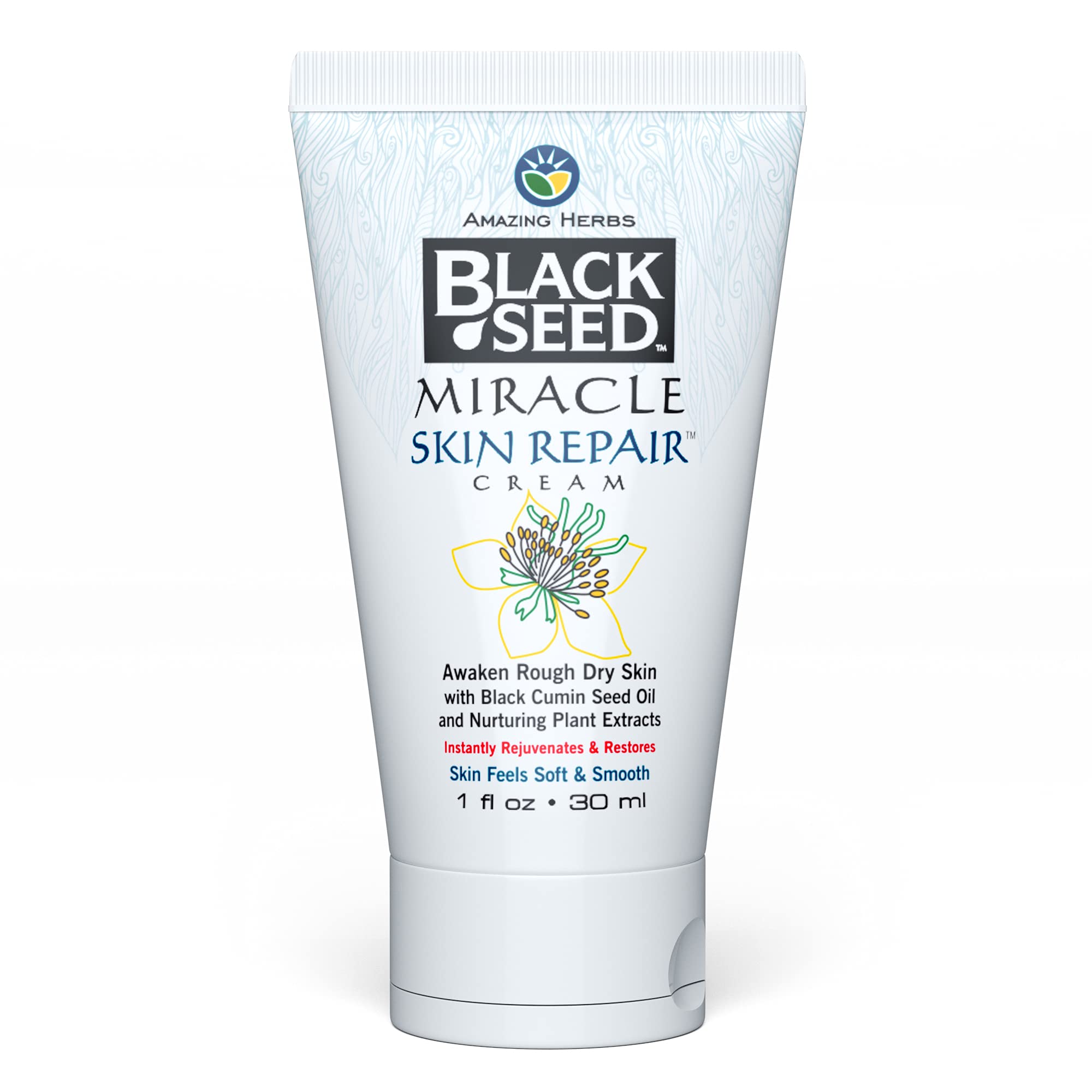 Amazing Herbs Black Seed Miracle Skin Repair Cream bottle for daily skin nourishment and repair.