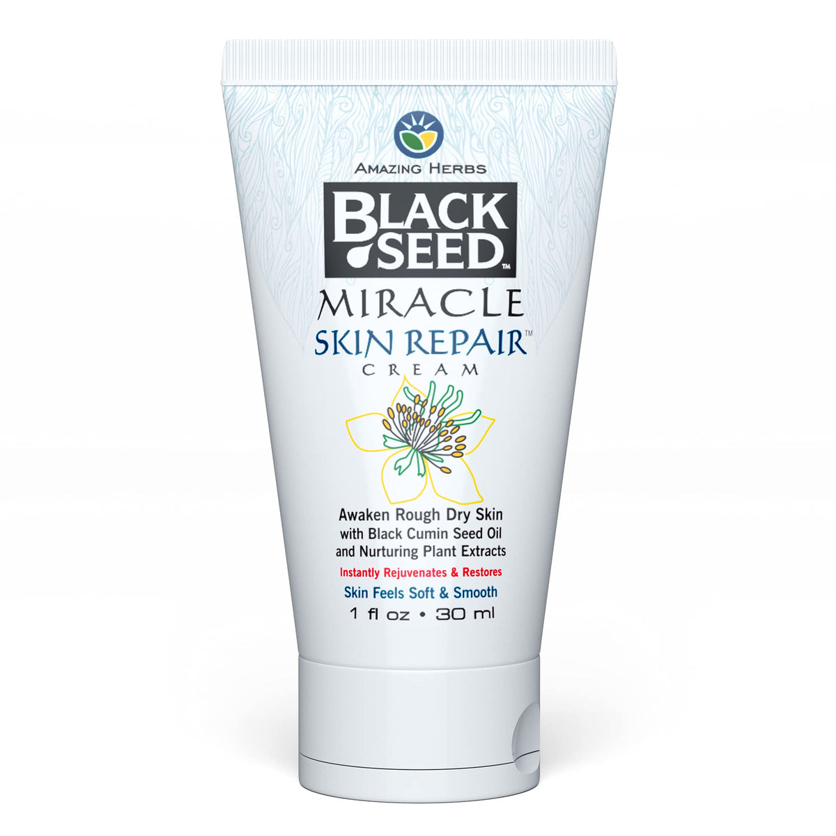 Amazing Herbs Black Seed Miracle Skin Repair Cream bottle for daily skin nourishment and repair.