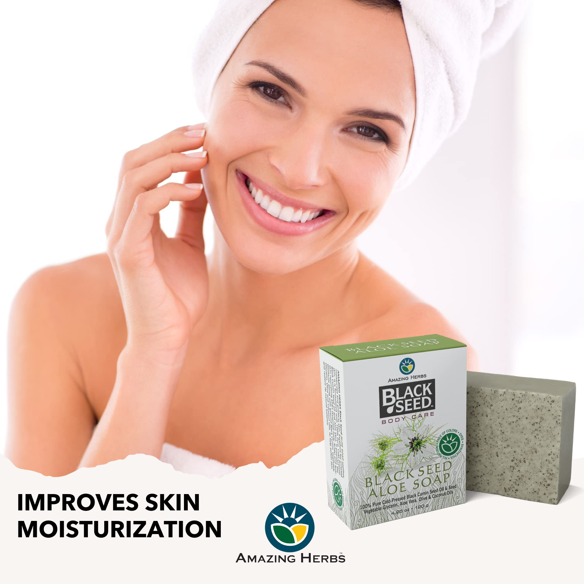 Amazing Herbs black seed soap bar beside natural ingredients illustration.