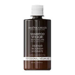 Amazonica Beleza Veggie Refiner Shampoo bottle with vegan formula for all hair types.
