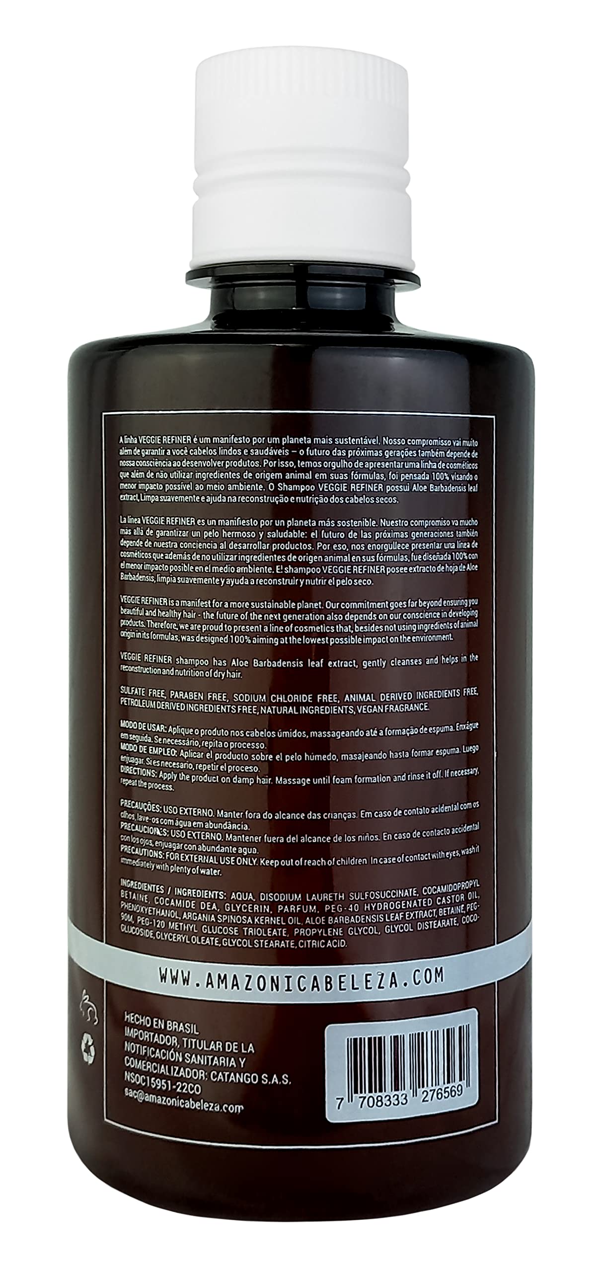 Recycled plastic packaging of Veggie Refiner Shampoo by Amazonica Beleza.