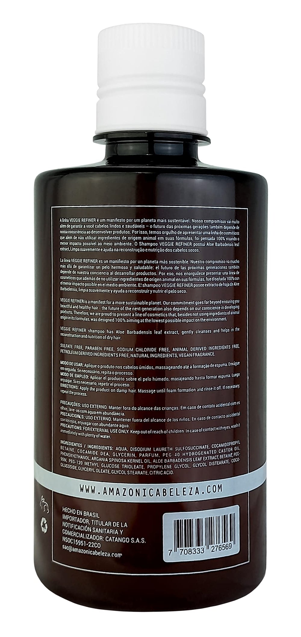 Recycled plastic packaging of Veggie Refiner Shampoo by Amazonica Beleza.