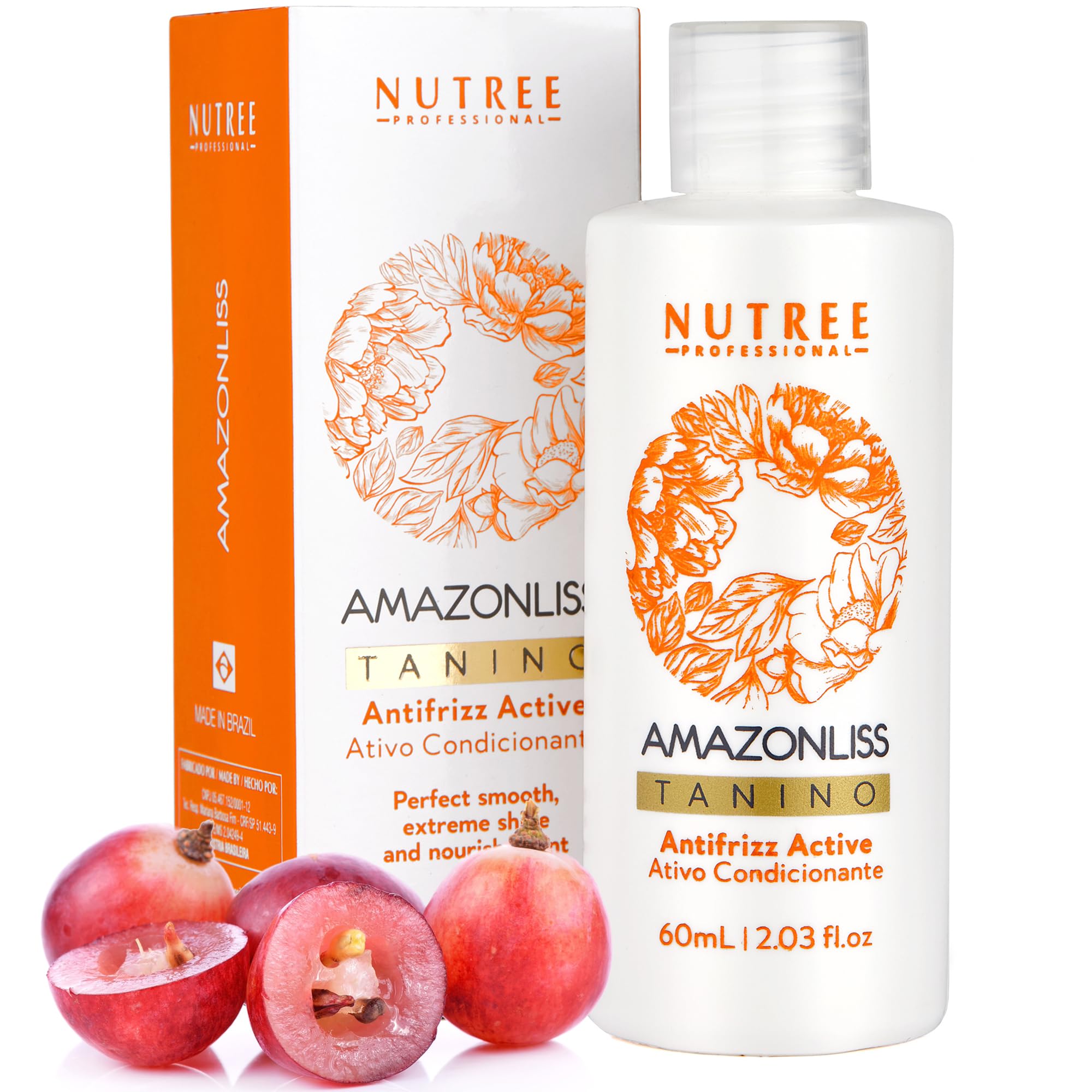 Amazonliss Tanino bottle illustrating smoothing formula for hydrated hair