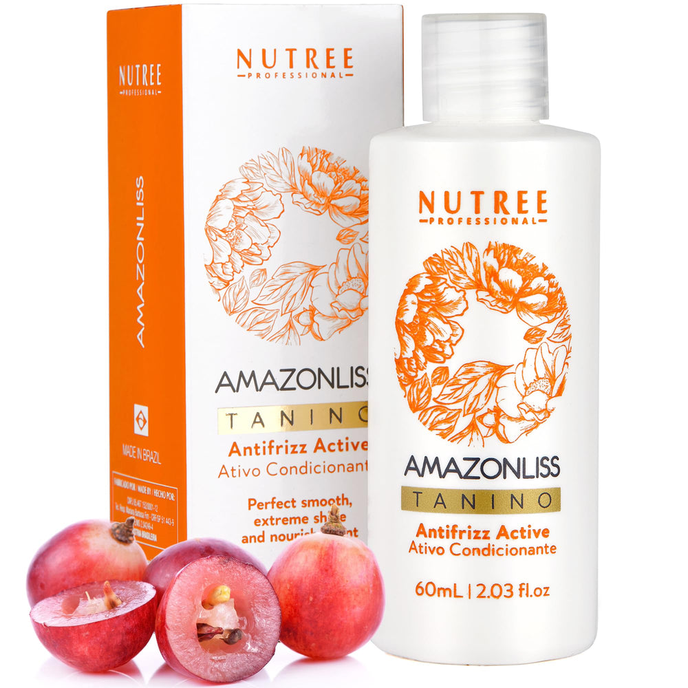 Amazonliss Tanino bottle illustrating smoothing formula for hydrated hair