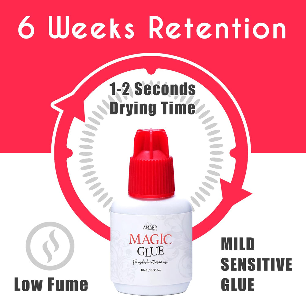 Amber Lash Magic Glue drying in 1-2 seconds supports quick lash applications.