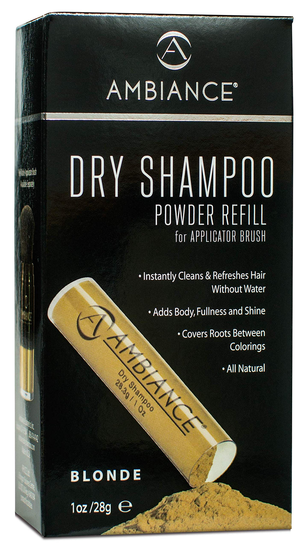 Ambiance Dry Shampoo Blonde powder texture for oil absorption and refreshed hair.