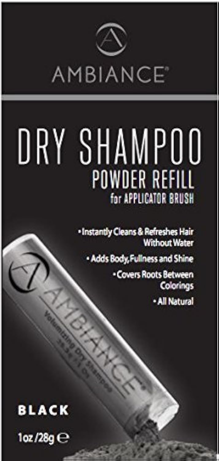 Ambiance dry shampoo powder refill for black hair showing tinted finish for refresh between washes