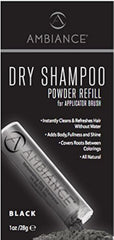 Ambiance dry shampoo powder refill for black hair showing tinted finish for refresh between washes