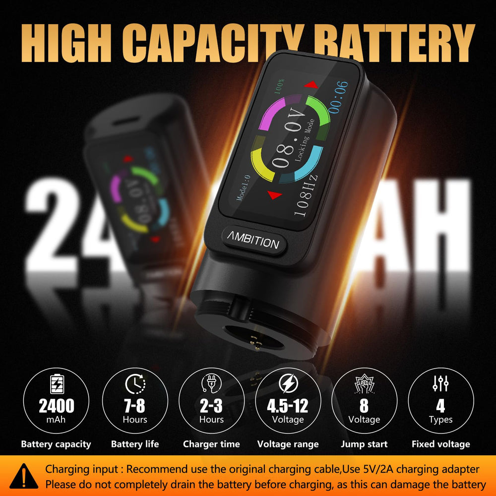 Ambition Zetton tattoo machine battery and LCD display enabling long tattoo sessions.