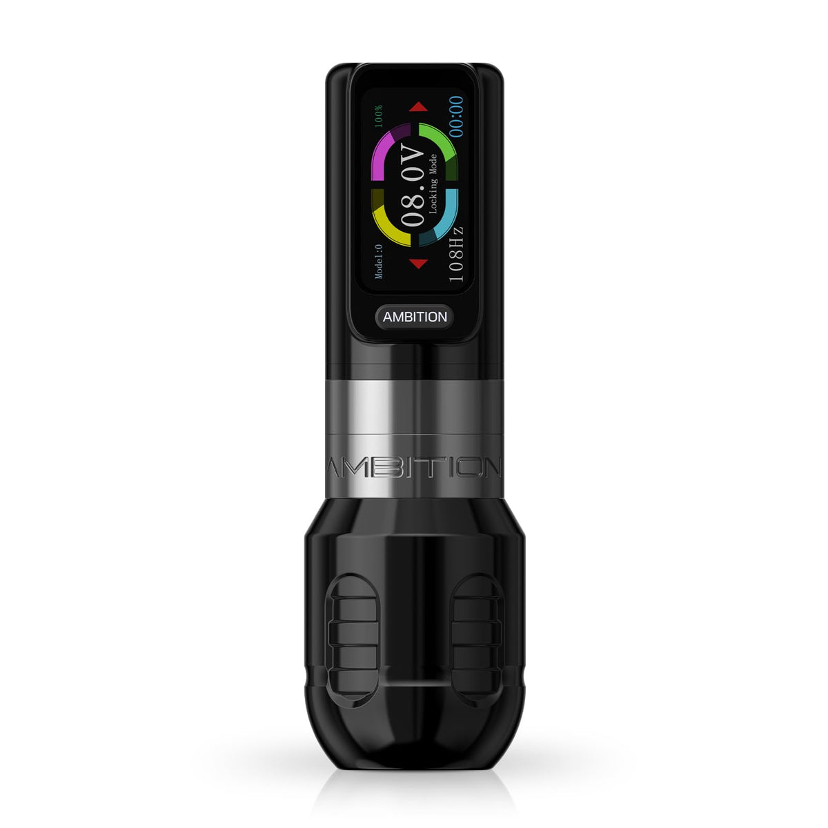 Ambition Zetton tattoo machine front view highlighting compact aluminum body for steady handling.