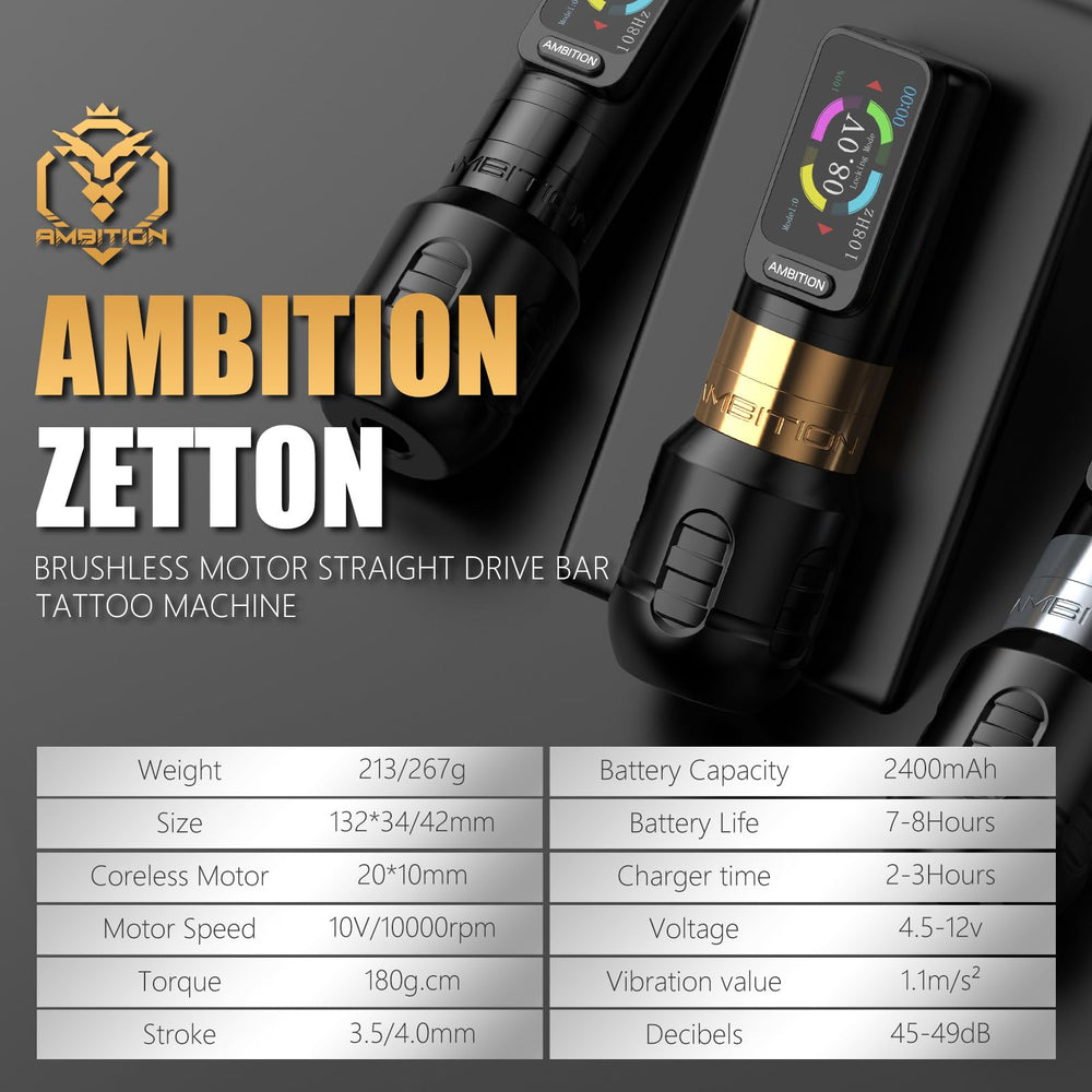 Ambition Zetton tattoo machine side view emphasizes ergonomic grip for all-day sessions.