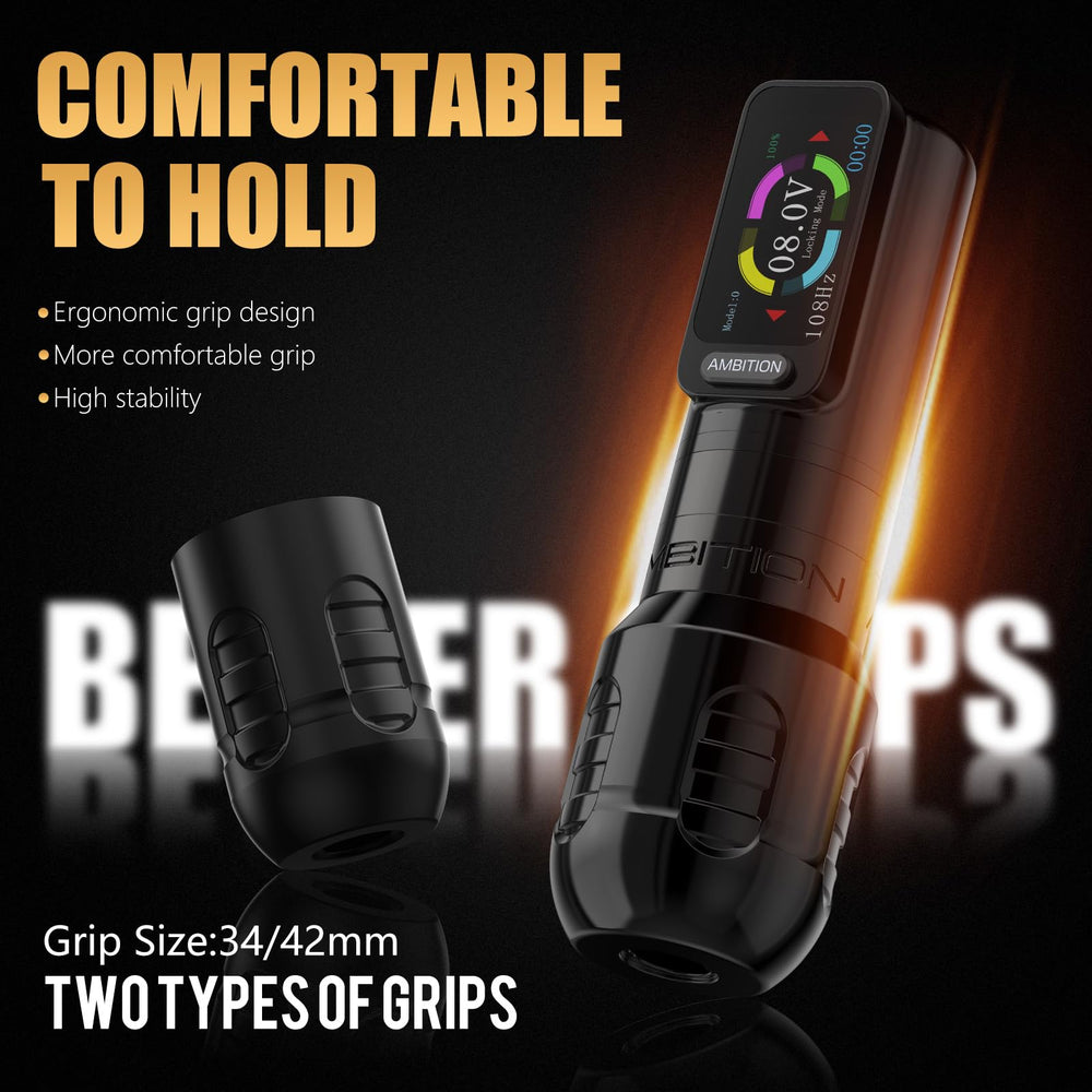 Ambition Zetton straight-drive tattoo machine for powerful strokes and stable ink flow.