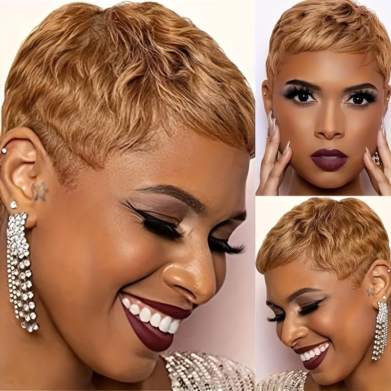 Amecire pixie cut wig honey blonde bangs close-up reveal fringe.