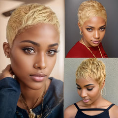 Amecire pixie cut wig honey blonde rose net cap close-up comfort.