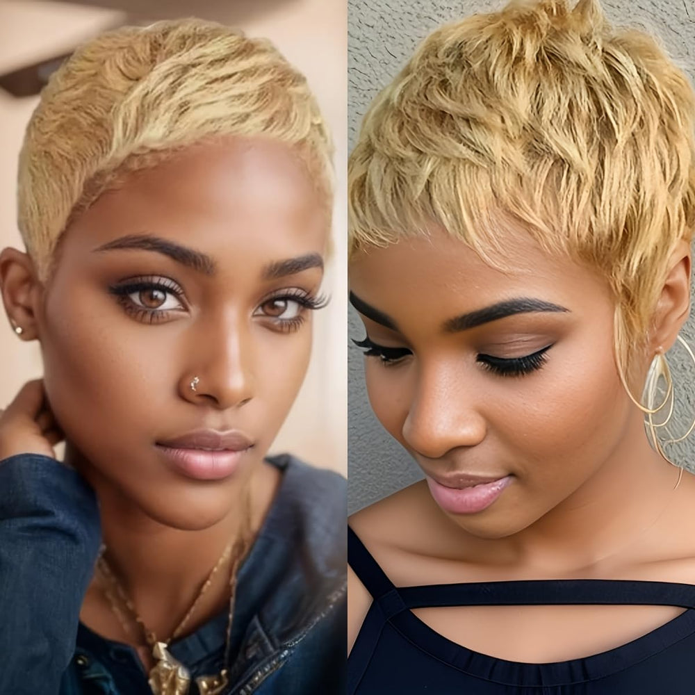 Amecire pixie cut wig honey blonde color swatches show options.