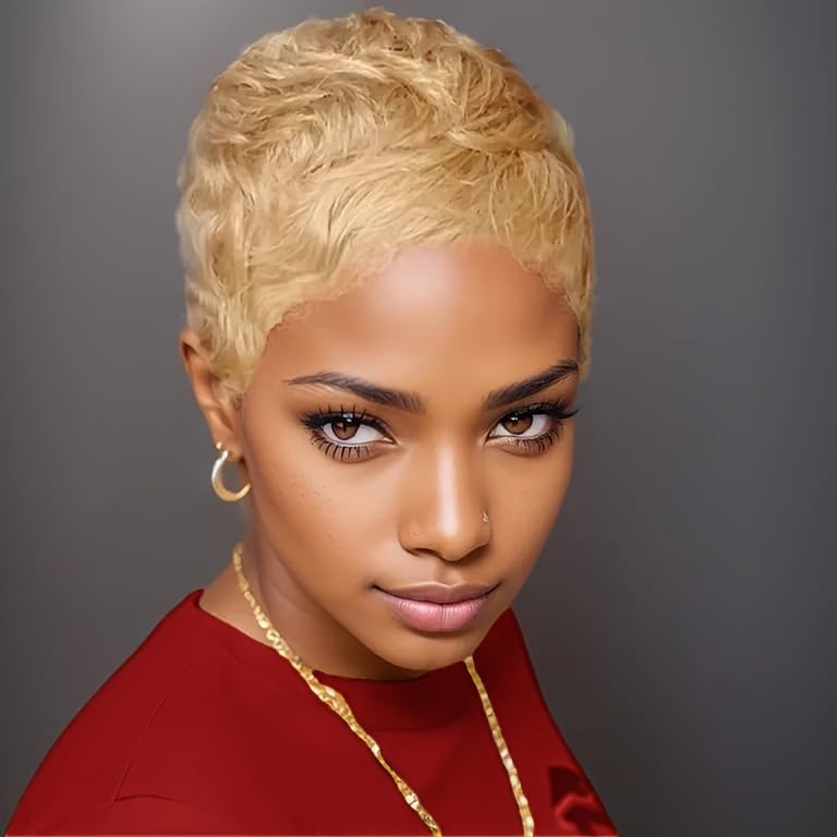 Amecire pixie cut wig honey blonde front view for daily wear.