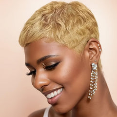 Amecire pixie cut wig honey blonde side view showing versatile styling.