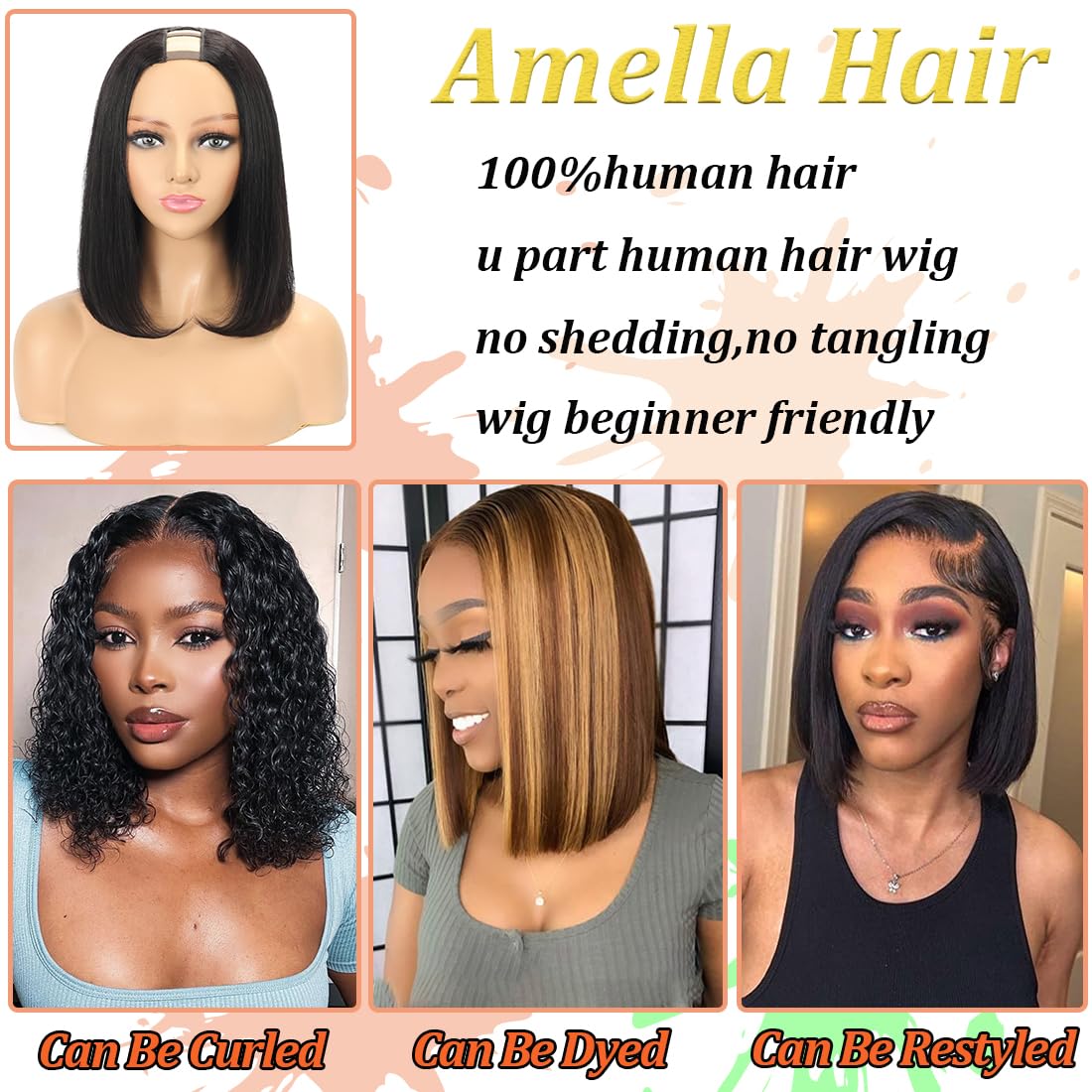 Amella Hair U Part Wig cap construction details with multiple attachment clips.