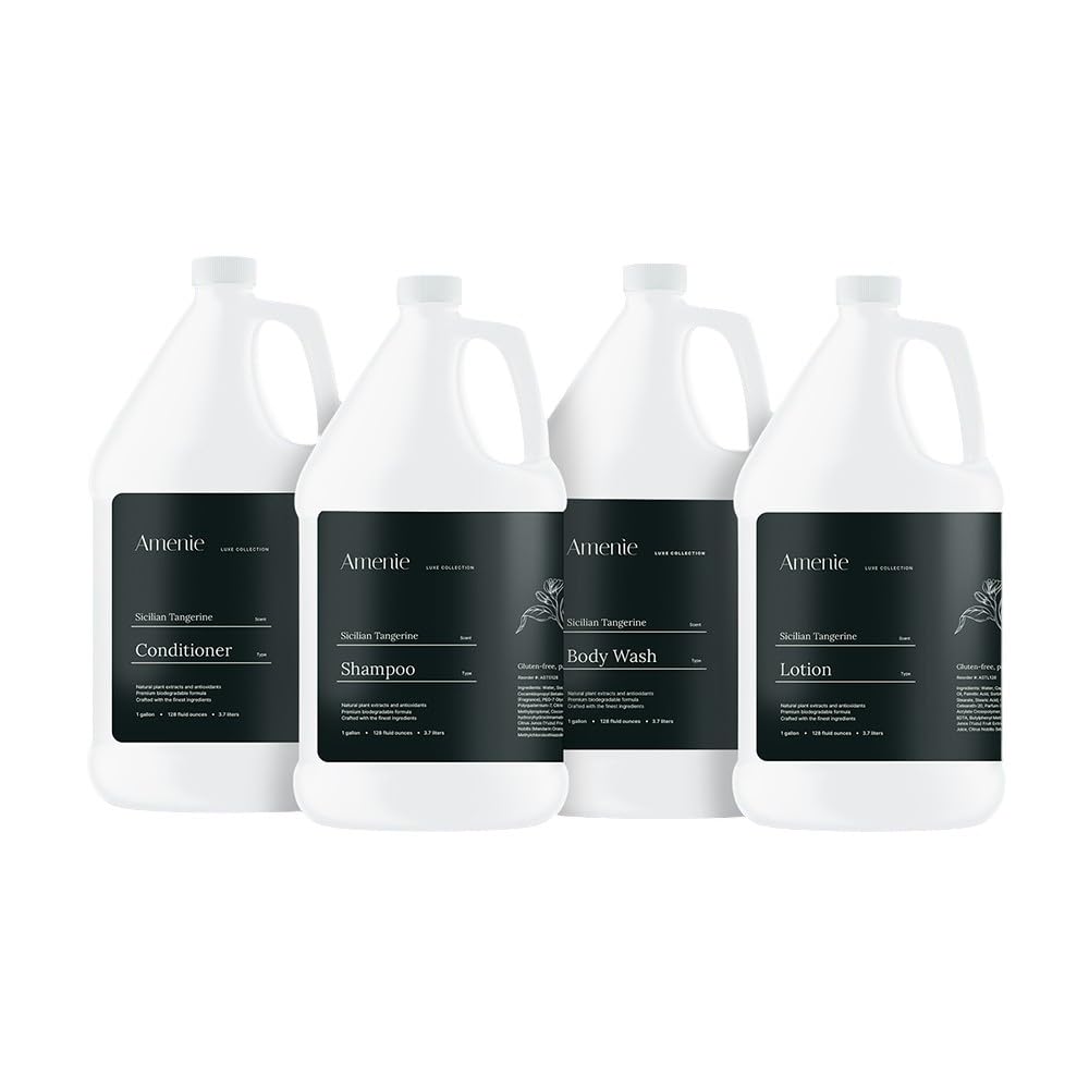 Amenie bulk refill 1-gallon container supports sustainable hotel dispensers.