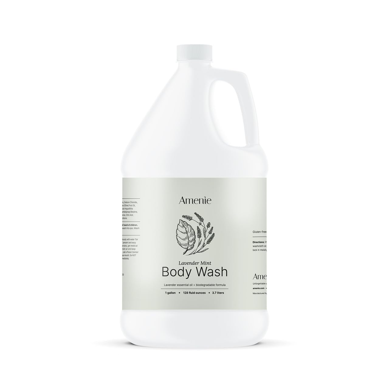 Amenie Lavender Mint Body Wash bottle on a spa shelf, ideal for hotel amenities.