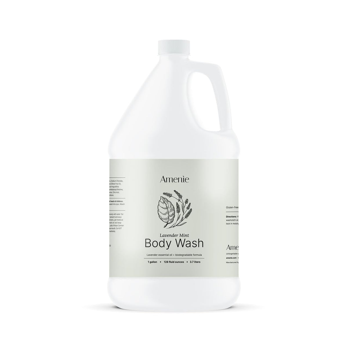 Amenie Lavender Mint Body Wash bottle on a spa shelf, ideal for hotel amenities.