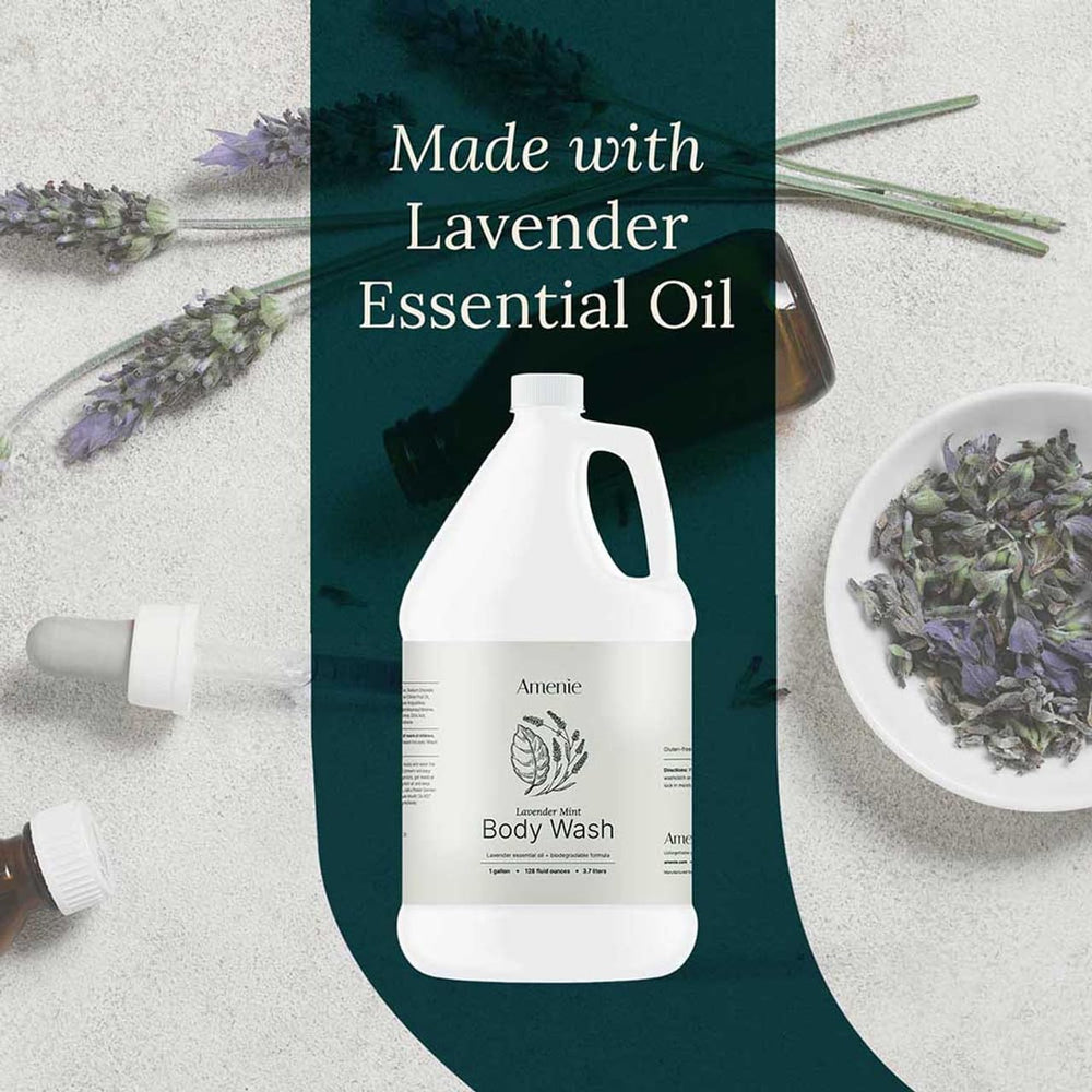 Amenie Lavender Mint Body Wash being poured, delivering refreshing hydration for all skin types.