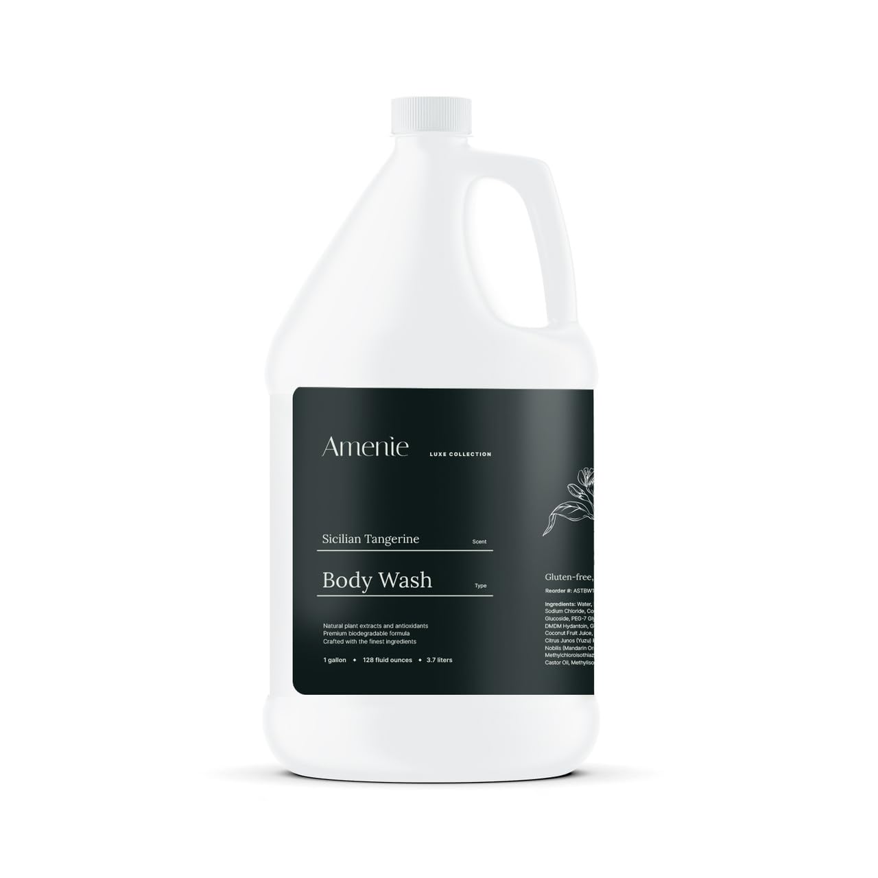 Amenie Sicilian Tangerine Body Wash bottle offers spa-like cleansing for hotel bathrooms.